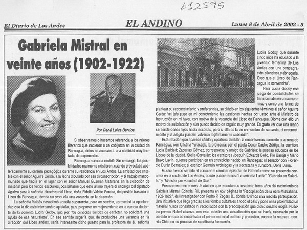 Gabriela Mistral en veinte años (1902-1922)  [artículo] René Leiva Berríos