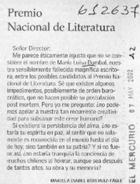 Premio Nacional de Literatura  [artículo] Mariela Isabel Ríos Ruiz-Tagle