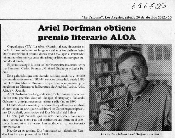 Ariel Dorfman obtiene premio literario ALOA  [artículo]