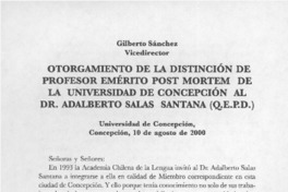 Otorgamiento de la distinción de profesor emérito post mortem de la Universidad de Concepción al Dr. Adalberto Salas Santana (Q.E.P.D.)