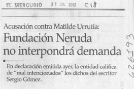 Fundación Neruda no interpondrá demanda  [artículo] Elisa Cárdenas