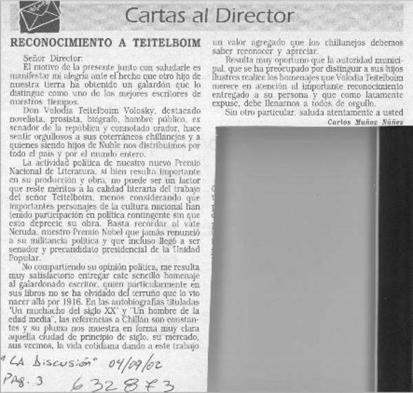 Reconocimiento a Teitelboim  [artículo] Carlos Muñoz Núñez