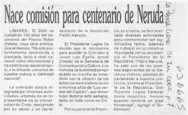 Nace comisión para centenario de Neruda  [artículo]