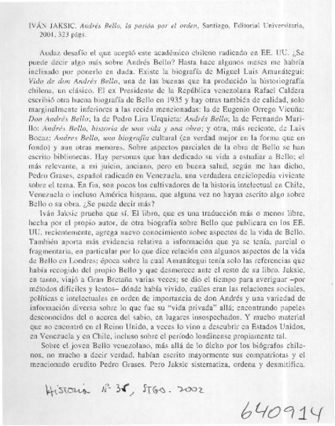 Andrés Bello, la pasión por el orden  [artículo] Cristián Gazmuri