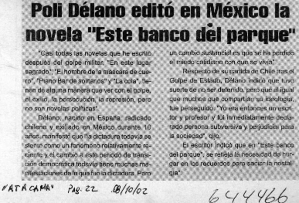 Poli Délano editó en México la novela "Este banco del parque"  [artículo]