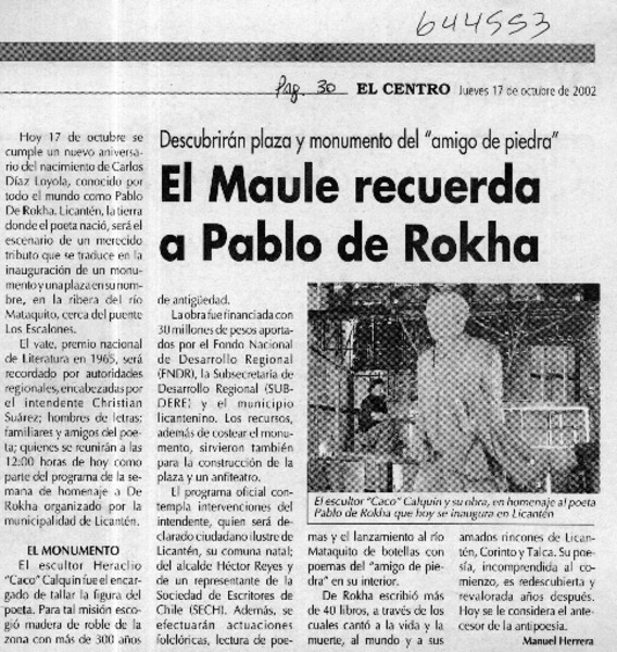 El Maule recuerda a Pablo de Rokha  [artículo] Manuel Herrera