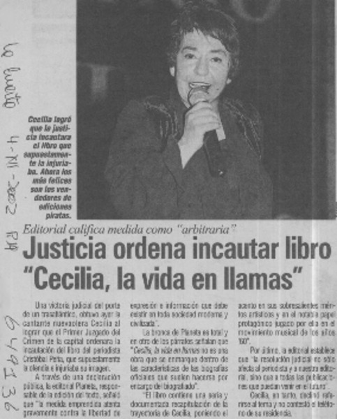 Justicia ordena incautar libro "Cecilia, la vida en llamas"  [artículo]