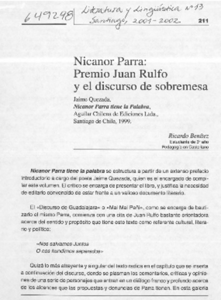 Nicanor Parra, Premio Juan Rulfo y el discurso de sobremesa  [artículo] Ricardo Benítez