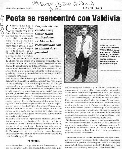 Poeta se reencuentra con Valdivia  [artículo]