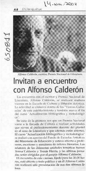Invitan a encuentro con Alfonso Calderón  [artículo]