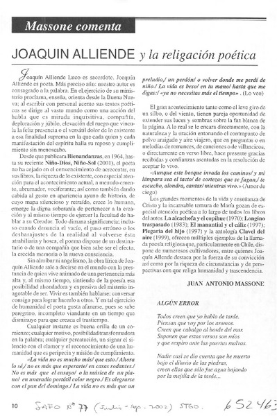 Joaquín Alliende y la religación poética  [artículo] Juan Antonio Massone