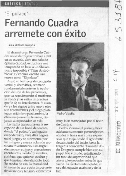 Fernando Cuadra arremete con éxito  [artículo] Juan Antonio Muñoz H.