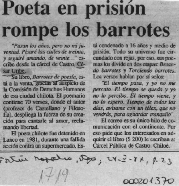 Poeta en prisión rompe los barrotes  [artículo].