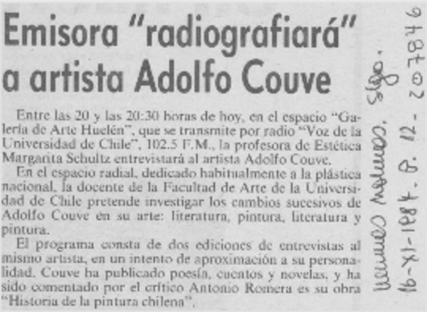 Emisora "radiografiará" a artista Adolfo Couve