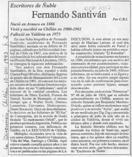 Fernando Santiván  [artículo] C. R. I.
