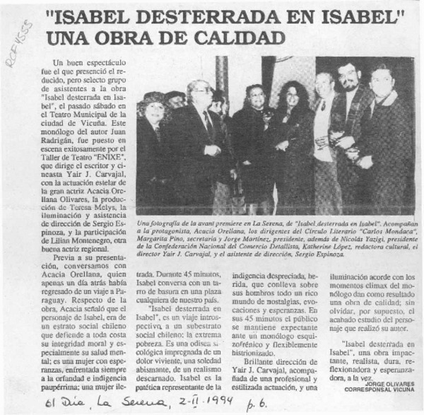 "isabel desterrada en Isabel" una obra de calidad  [artículo] Jorge Olivares.