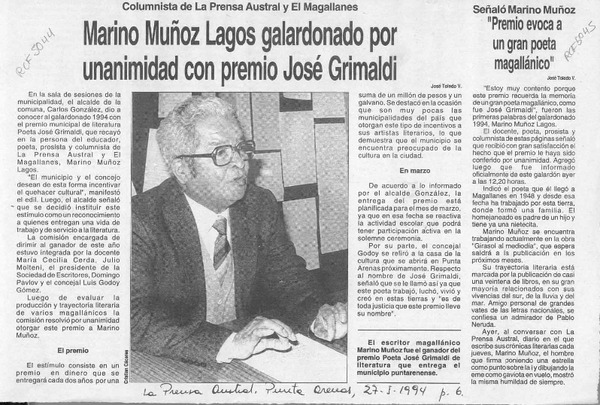 Marino Muñoz Lagos galardonado por unanimidad con premio José Grimaldi  [artículo] José Toledo V.