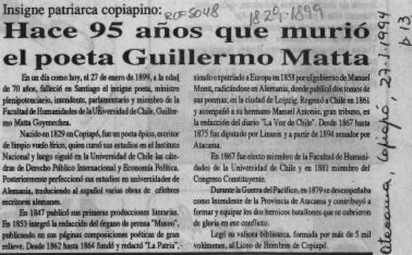 Hace 95 años que murió el poeta Guillermo Matta  [artículo].