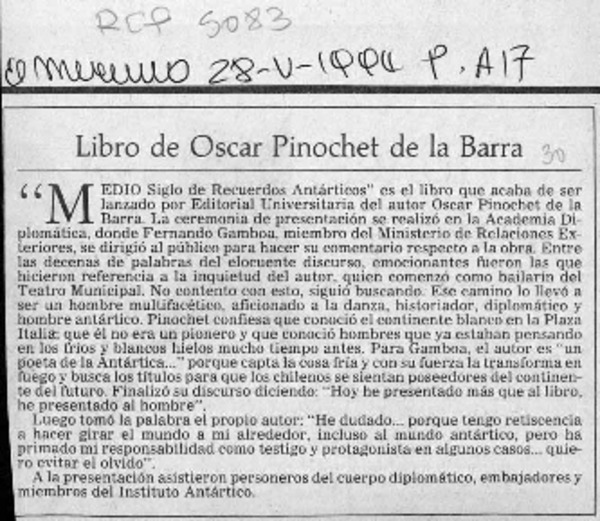 Libro de Oscar Pinochet de la Barra  [artículo].