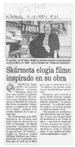 Skármeta elogia filme inspirado en su obra  [artículo].