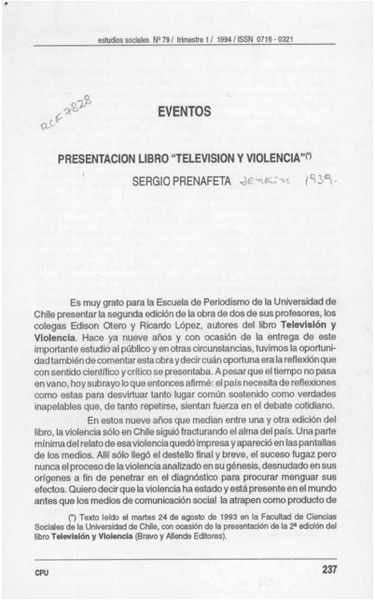 Presentación libro "Televisión y violencia"  [artículo] Sergio Prenafeta.