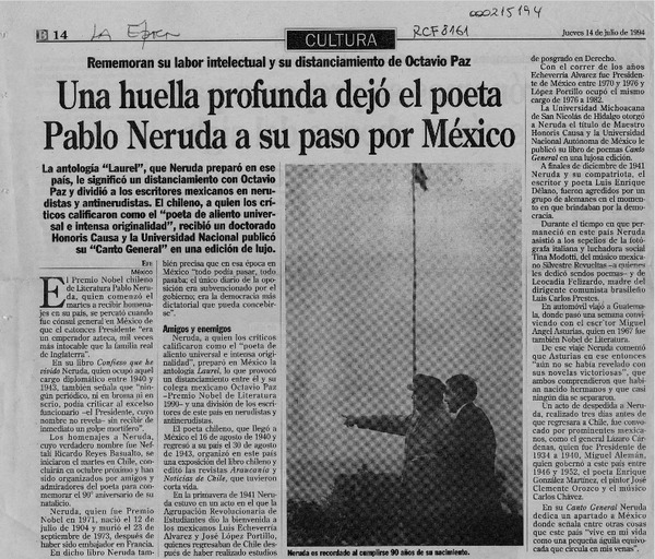 Una Huella profunda dejó el poeta Pablo Neruda a su paso por México  [artículo].