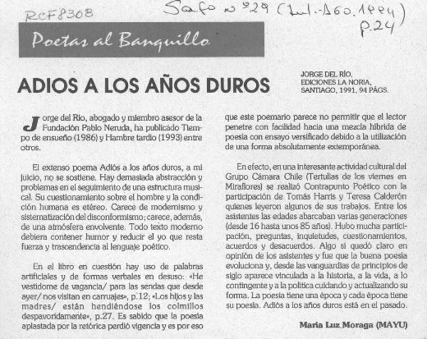 Adios a los años duros  [artículo] María Luz Moraga (MAYU).