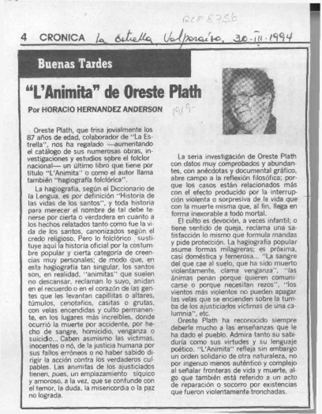 "L'Animita" de Oreste Plath  [artículo] Horacio Hernández Anderson.