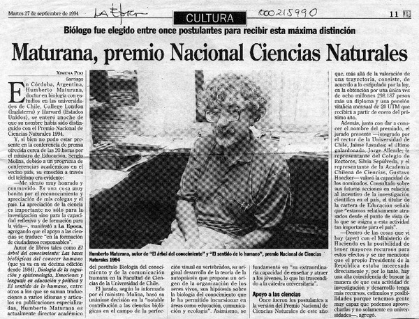 Maturana, Premio Nacional Ciencias Naturales  [artículo] Ximena Poo.