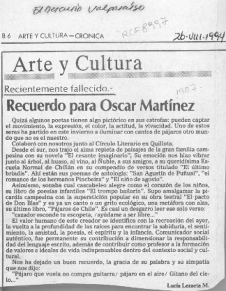 Recuerdo para Oscar Martínez  [artículo] Lucía Lezaeta M.