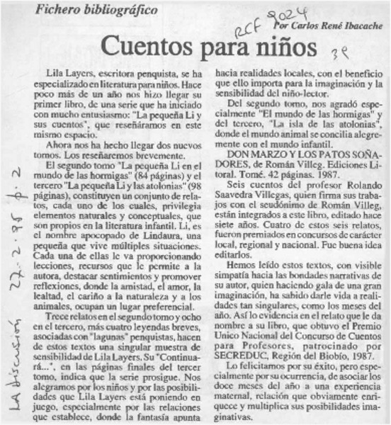 Cuentos para niños  [artículo] Carlos René Ibacache.