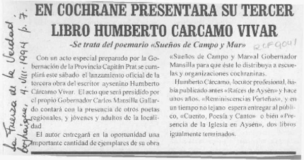 En Cochrane presentará su tercer libro Humberto Cárcamo Vivar  [artículo].