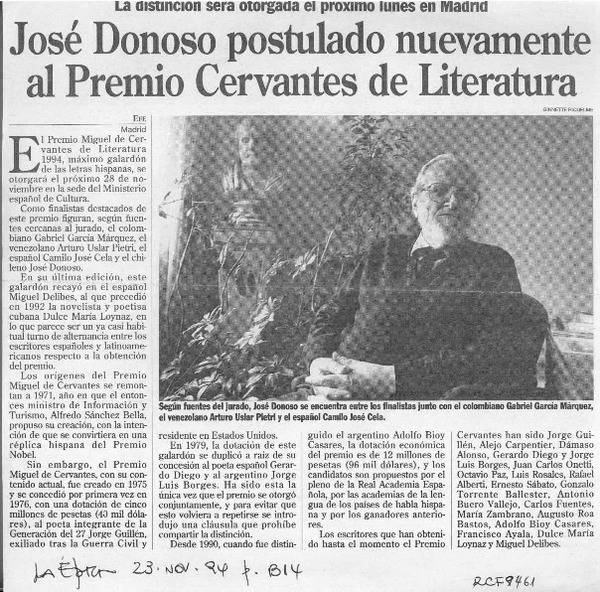 José Donoso postulado nuevamente al Premio Cervantes de literatura  [artículo].