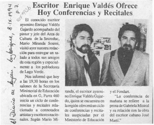 Escritor Enrique Valdés ofrece hoy conferencias y recitales  [artículo].