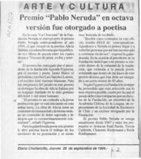 Premio "Pablo Neruda" en octava versión fue otorgado a poetisa  [artículo].