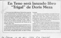 En Teno será lanzado libro "Trigal" de Doris Meza  [artículo].