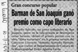 Barman de San Joaquín ganó premio como capo literario  [artículo].