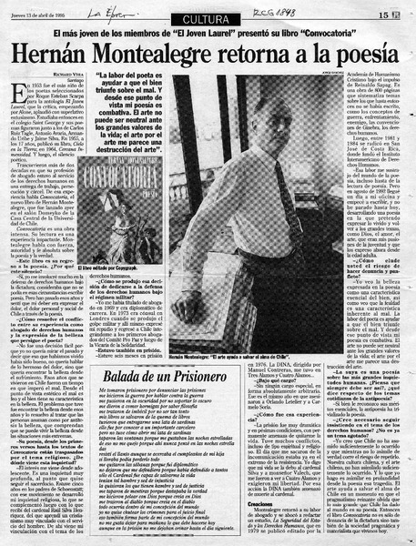 Hernán Montealegre retorna a la poesía  [artículo] Richard Vera.