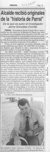 Alcalde recibió originales de la "Historia de Parral"  [artículo].