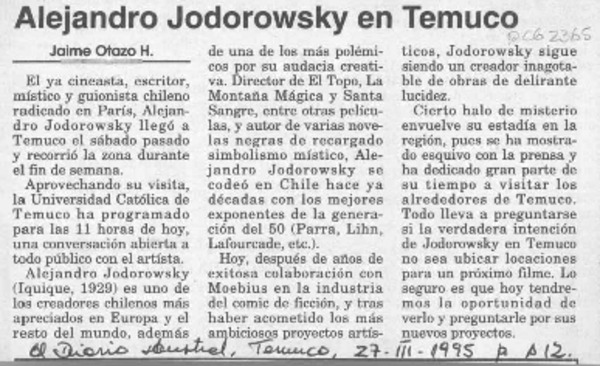 Alejandro Jodorowsky en Temuco  [artículo] Jaime Otazo H.