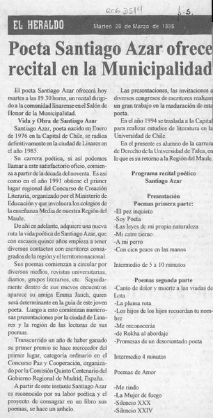 Poeta Santiago Azar ofrece recital en la Municipalidad  [artículo].