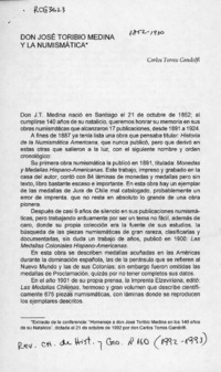 Don José Toribio Medina y la numismática  [artículo] Carlos Torres Gandolfi.