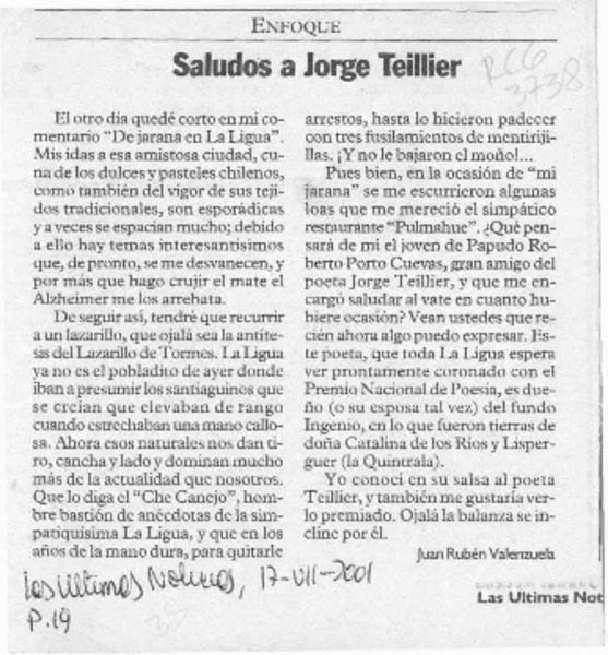Saludos a Jorge Teillier  [artículo] Juan Rubén Valenzuela.