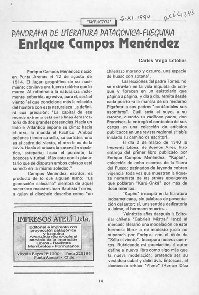 Enrique Campos Menéndez  [artículo] Carlos Vega Letelier.