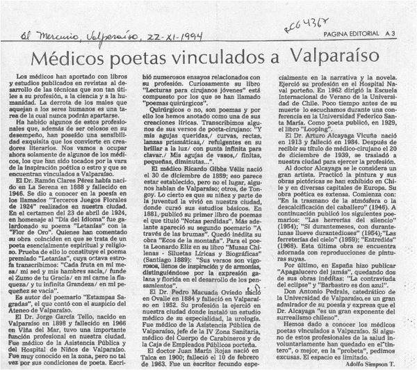 Médicos poetas vinculados a Valparaíso  [artículo] Adolfo Simpson T.