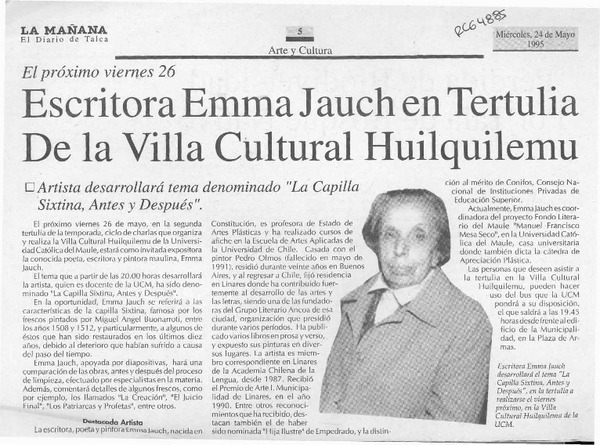 Escritora Emma Jauch en tertulia de la Villa cultural Huilquilemu  [artículo].