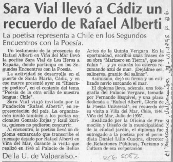 Sara Vial llevó a Cádiz un recuerdo de Rafael Alberti  [artículo].
