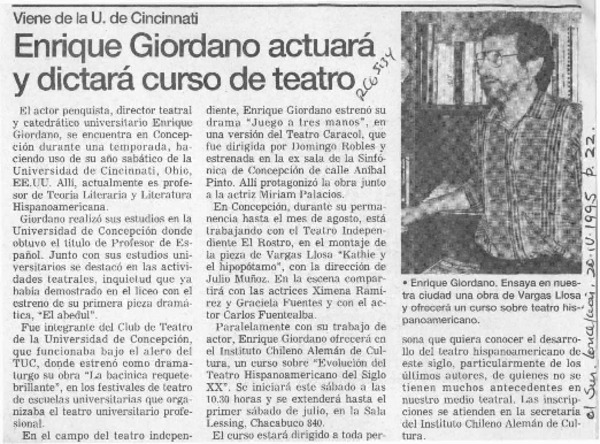 Enrique Giordano actuará y dictará curso de teatro  [artículo].