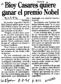 Bioy Casares quiere ganar el premio Nobel  [artículo].