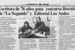 Escritora de 76 años gana concurso literario de "La Segunda" y Editorial Los Andes  [artículo].